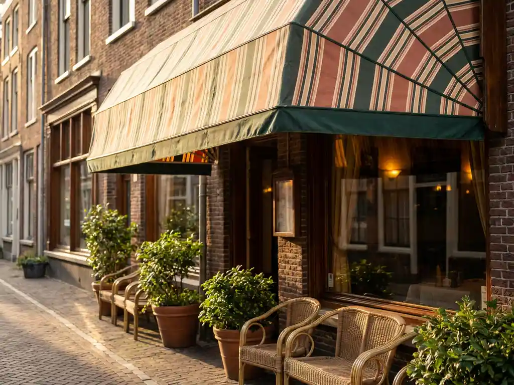 Gereinigd gestreept tentluifel boven Nederlands restaurantingang met terrasstoelen, bloempotten en kasseienstraat in warm middagzonlicht.