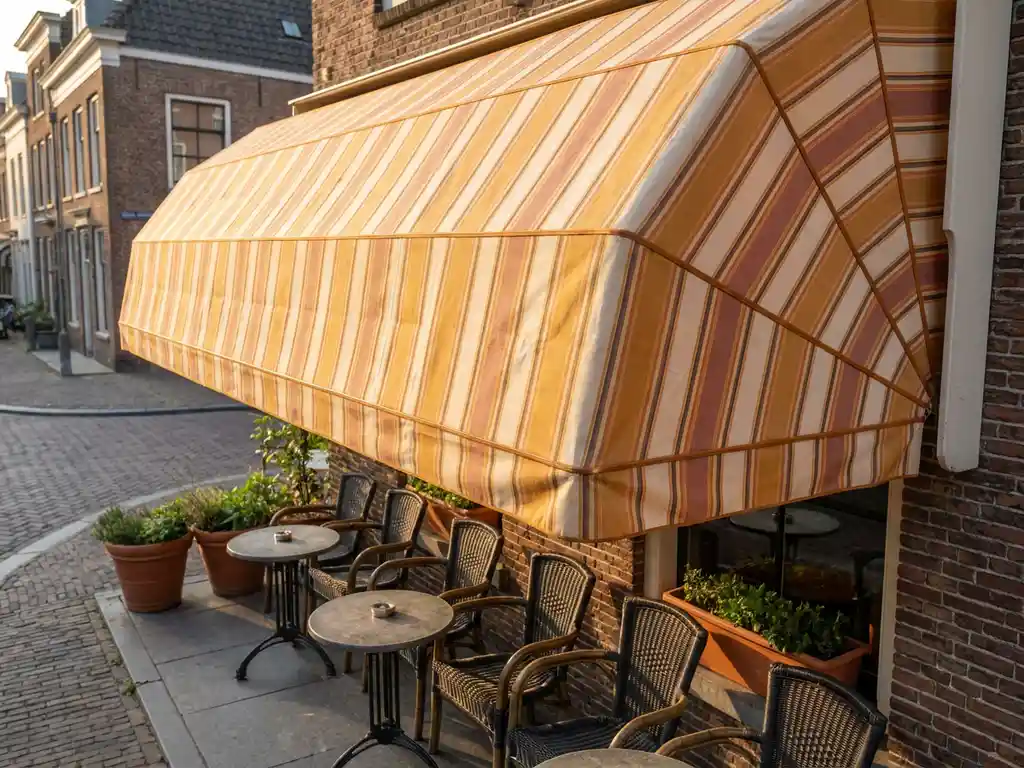 Gereinigd gestreept terrasluifel boven zonnig Nederlands restaurantterras met bistrostoelen, ronde tafels en terracotta plantenbakken.