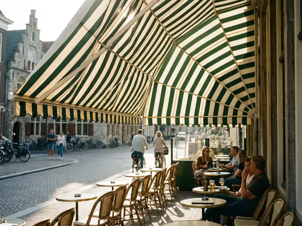 Schoon gestreept terrasscherm in crème en bosgroen boven een zonnig Nederlands restaurantterras met stoelen en kasseien.