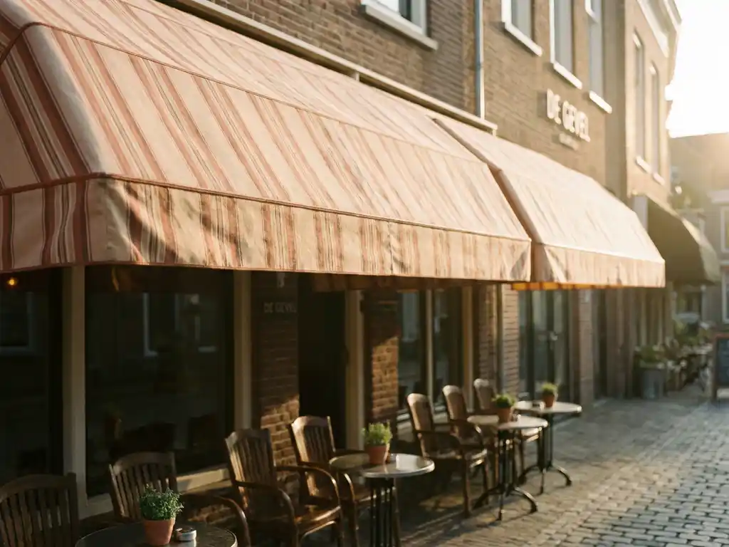 Schoongemaakt gestreept canvas zonnescherm boven een Nederlands restaurantterras met stoelen en tafels in zachte focus, warme middagzon.