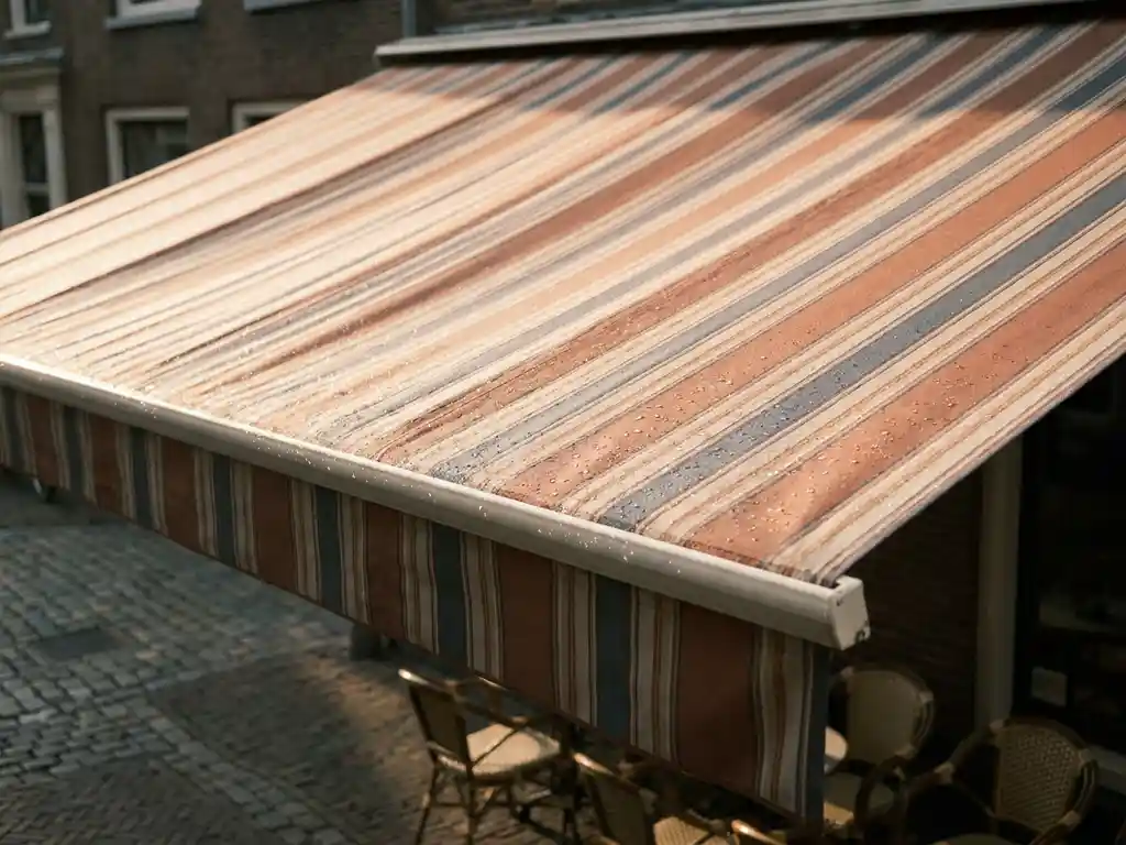 Schoon gestreept terrasscherm met waterafstotende coating boven terrasstoel en kasseien in warm Nederlands middagzonlicht.