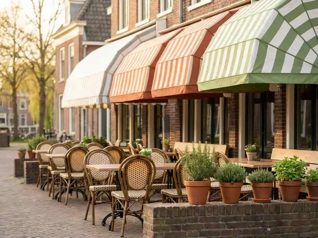Schoon terras van een Nederlands restaurant met gestreepte luifels, bistrostoelen en houten tafels op een bakstenen patio in zacht voorjaarslicht.