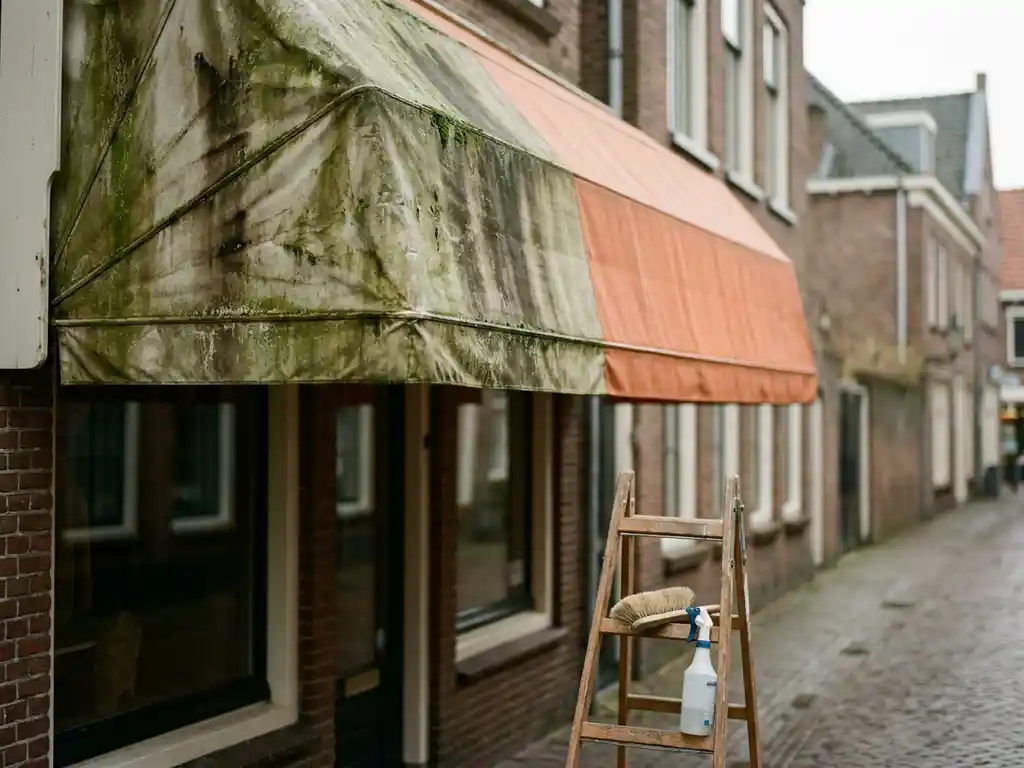 Terracotta luifel half bedekt met groene algen en donkere vlekken, andere helft professioneel gereinigd, met borstel en spuitfles op laddersport.