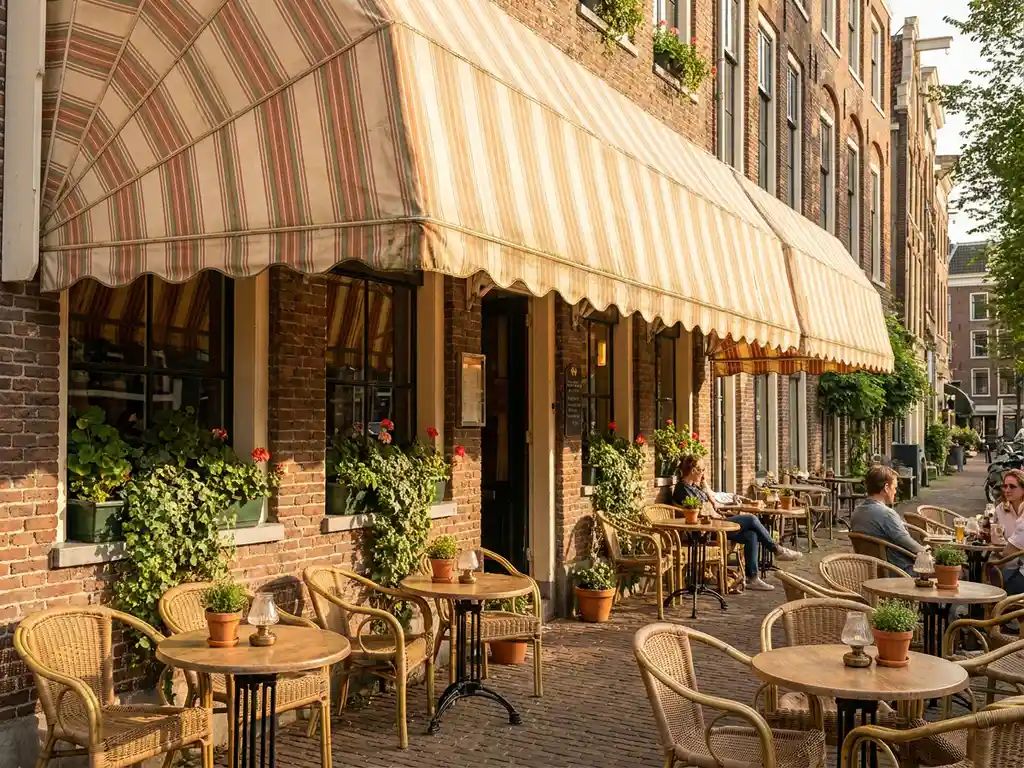 Gestreepte canvas luifel boven een zonnig Nederlands restaurantterras met bistrostoelen en kleine tafeltjes in warm middaglicht.