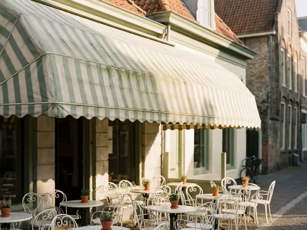 Verweerde uitschuifbare luifel boven een Nederlands restaurantterras met witte bistrostoelen en tafels in zacht middagzonlicht.