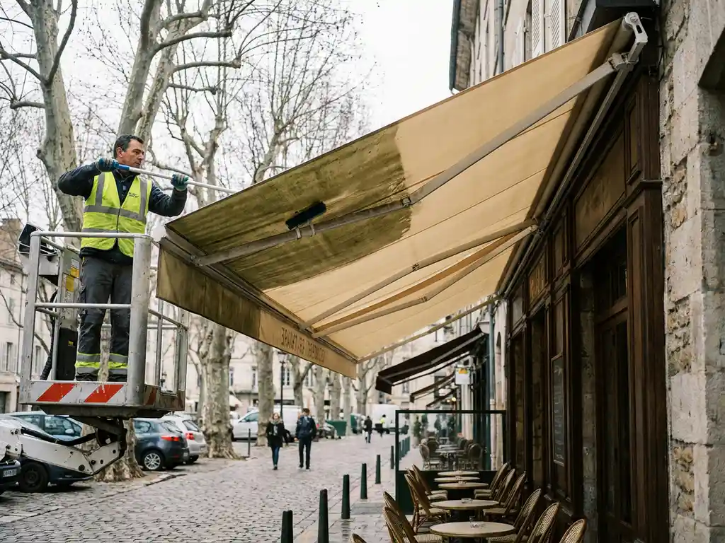 Professionele reiniger op platform behandelt vervuild restaurantluifel, helft schoon crèmekleurig, helft met groene alg- en donkere vlekken, kinderkopjesstraat.