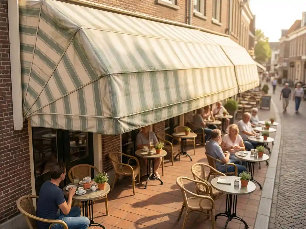 Uitschuifbaar gestreept terrasscherm boven zonnig Nederlands restaurantterras met stoelen en ronde tafeltjes, lichte verwering zichtbaar op de randen.