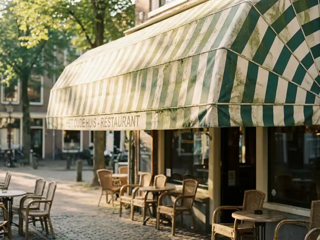 Verweerd terrasscherm met vervaagde crème en bosgroene strepen en lichte schimmelplekken boven stoelen en tafels in zacht middaglicht.