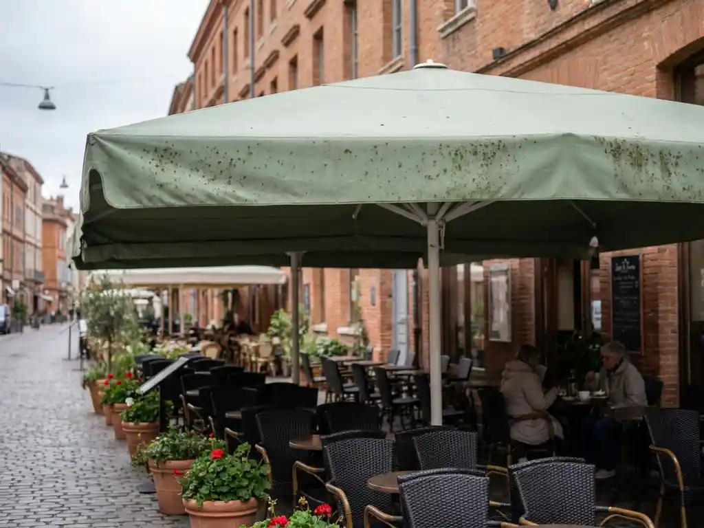 Uittrekbare luifel met vroege schimmelplekken bij de randen boven een Nederlands restaurantterras met bistrostoelen en kasseien.
