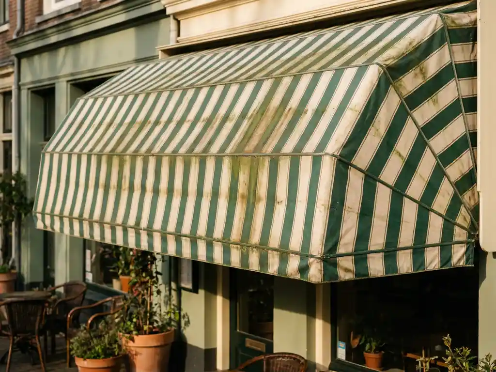 Verouderd uittrekbaar terrasscherm met groene algenstrepen boven een Nederlands restaurantterras, crème en bosgroen gestreept doek.