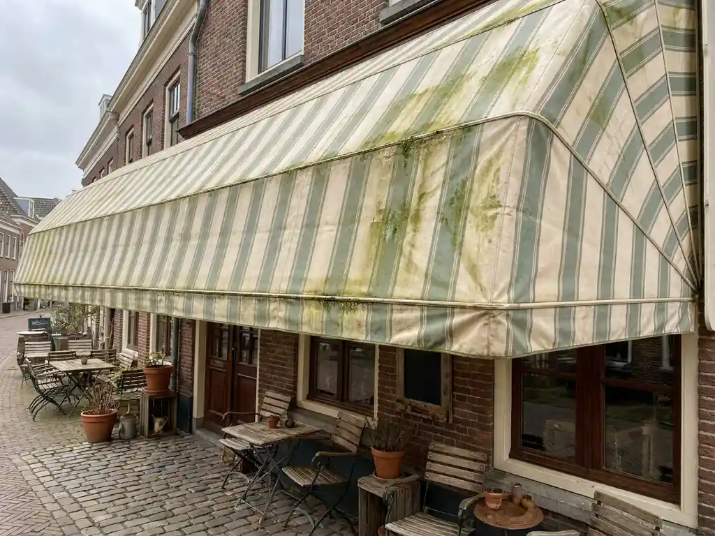 Vervaagde gestreepte luifel met groene algengroei boven een Nederlands restaurantterras met bistrostoelen en kasseien.