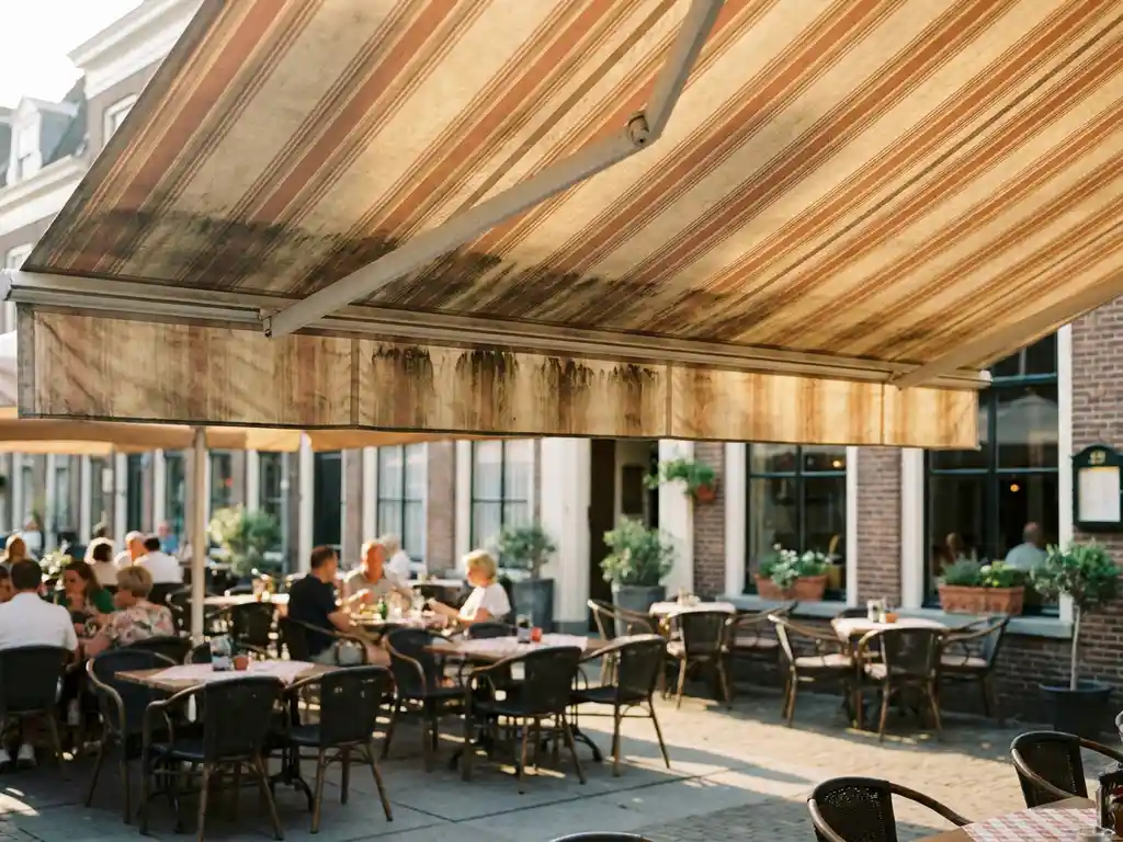 Verweerde luifel boven Nederlands restaurantterras met bistrostoelen, verkleurde onderkant door regenafvoer, warme middagzon op gestreept canvas.