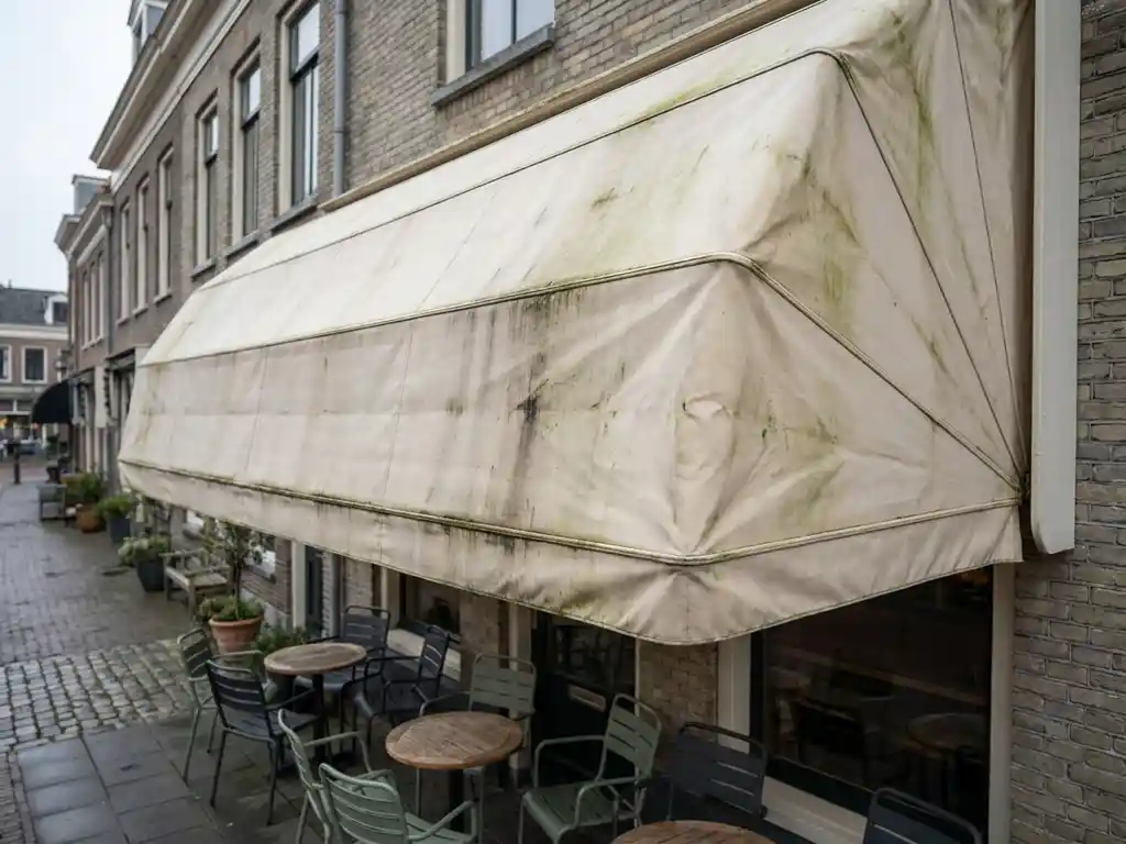 Vervaagd crème-kleurig zonnescherm met groene algen op een Nederlands horecapand, leeg terras met bistrostoelen en ronde tafels in bewolkt noorderlicht.