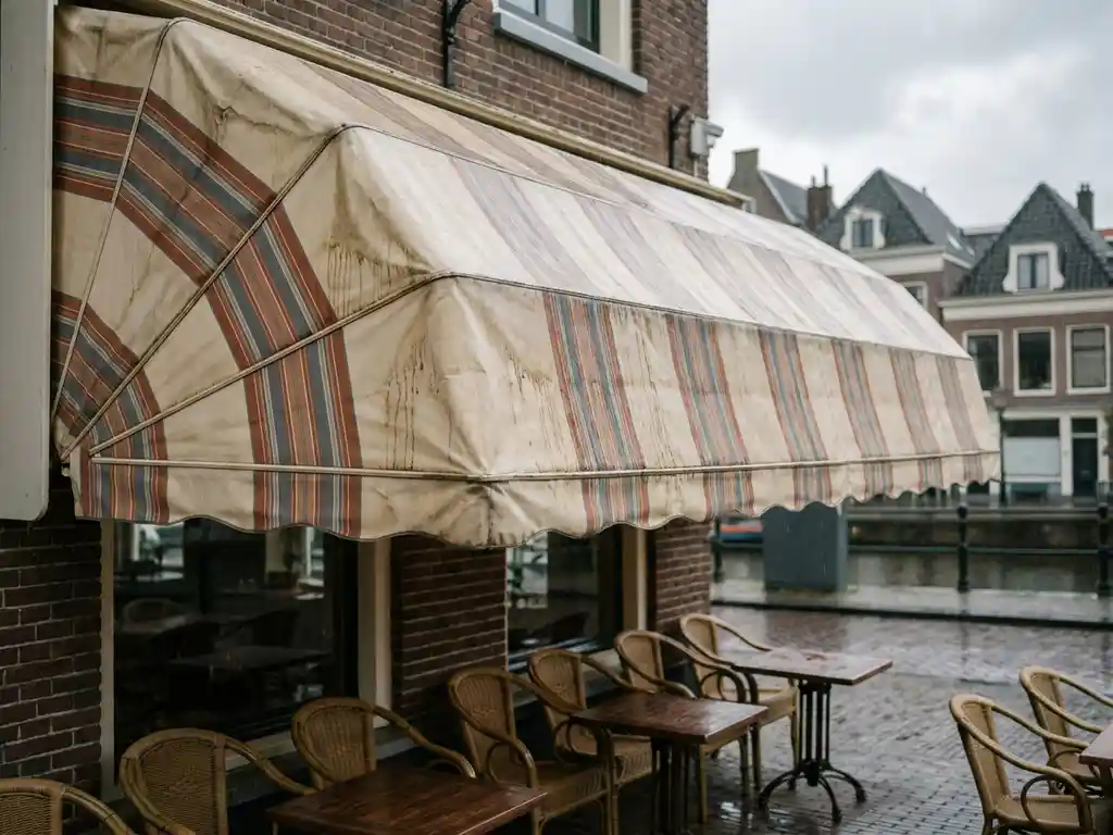 Verweerde terrasoverkapping boven leeg restaurantterras in Nederland, regendruppels op verkleurde crèmekleurige stof, bewolkte grijze lucht.
