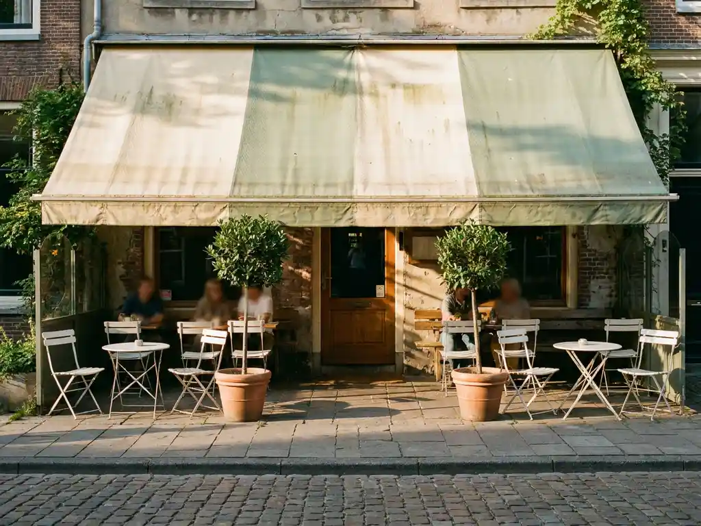 Vervaagd luifel boven terras van Nederlands restaurant met witte bistrostoelen, ronde tafeltjes en laurierbomen bij de ingang.