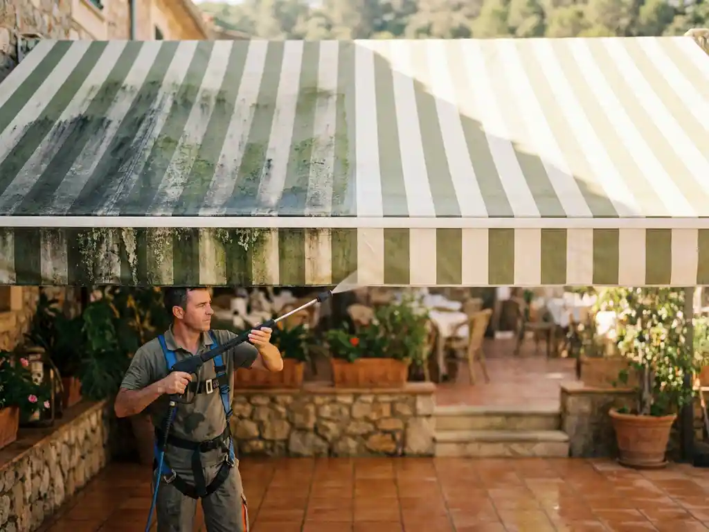 Restaurantterras met markies half bedekt met groene algen en vuil, half professioneel gereinigd, schoonmaker aan het werk in mediterrane zon.