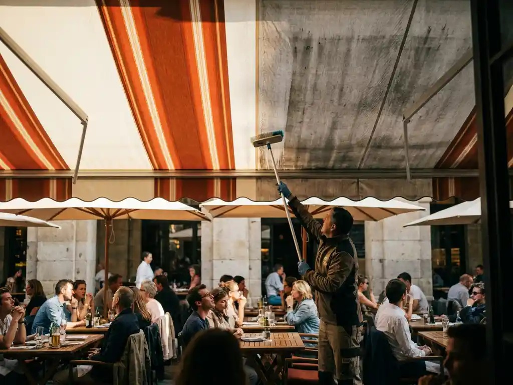 Professionele reiniger schrobt terrasluifel met langsteel borstel, schoon gedeelte zichtbaar helderder dan verweerd vuil gedeelte, café terras met gasten op achtergrond.