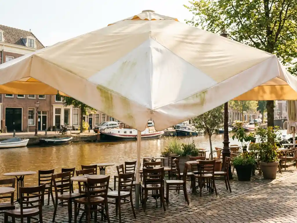 Terrasparasol met vroege groenaanslag langs de naden bij een Hollands grachttterras, lege stoelen en klinkers zichtbaar in zomerlicht.