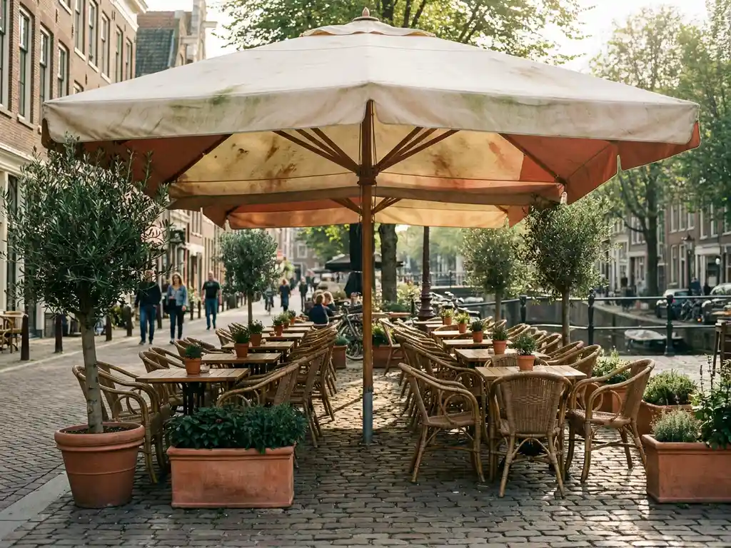 Grote terrasparasol op een zonnig Nederlands restaurantterras met bistrostoelen, bloempotten en kasseienstraat op de achtergrond.