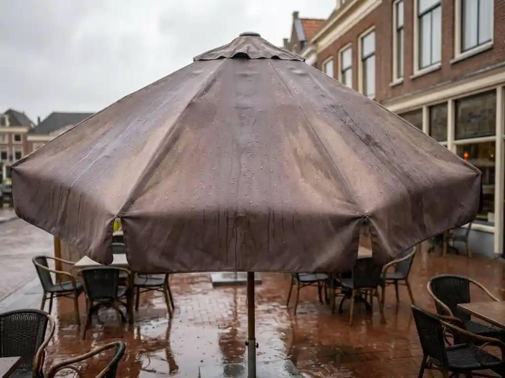 Regendruppels op het doek van een terrasparasol bij een Nederlands restaurant, met natte terracotta tegels en lege bistrostoelen op de achtergrond.