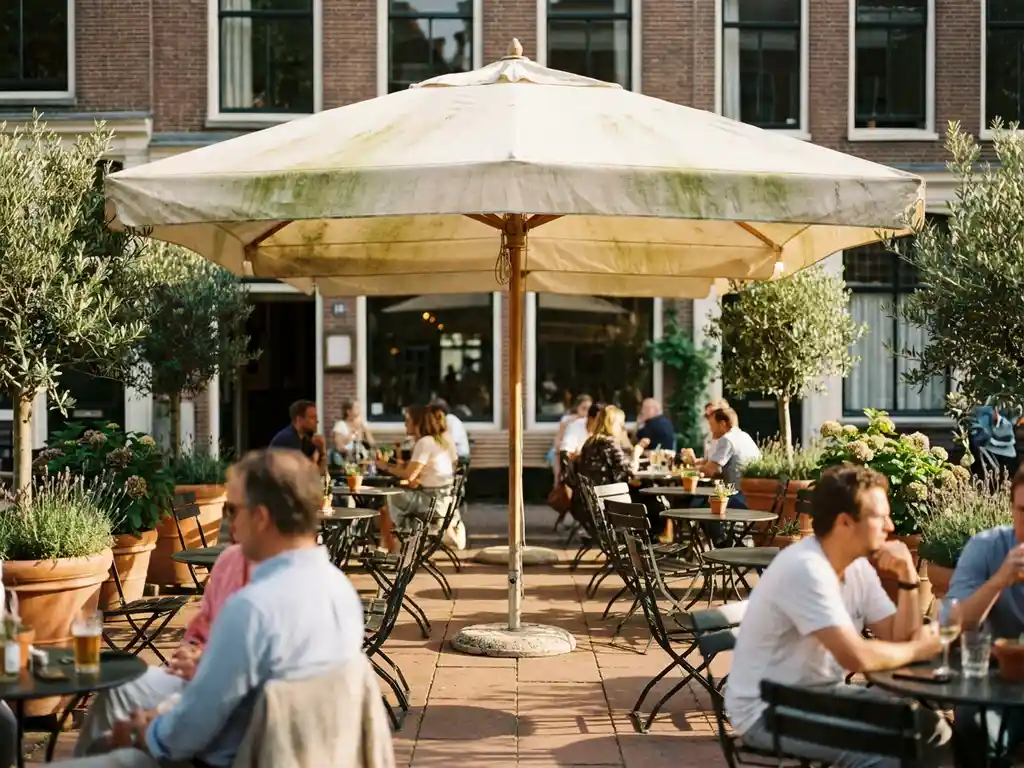 Verouderde crème parasol op een zonnig Nederlands restaurantterras met bistrostoelen, terracotta tegels en potplanten in gouden middaglicht.