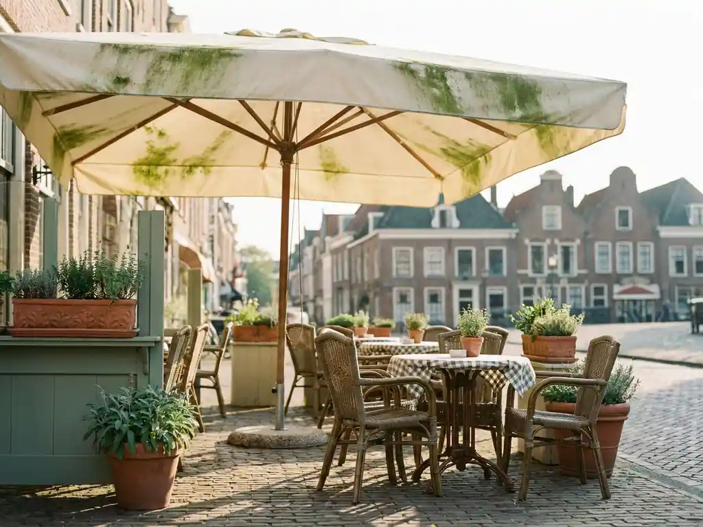 Crèmekleurig terrasparasol met groene algenplekken boven een Nederlands restaurantterras met bistrostoelen en -tafels in middagzon.