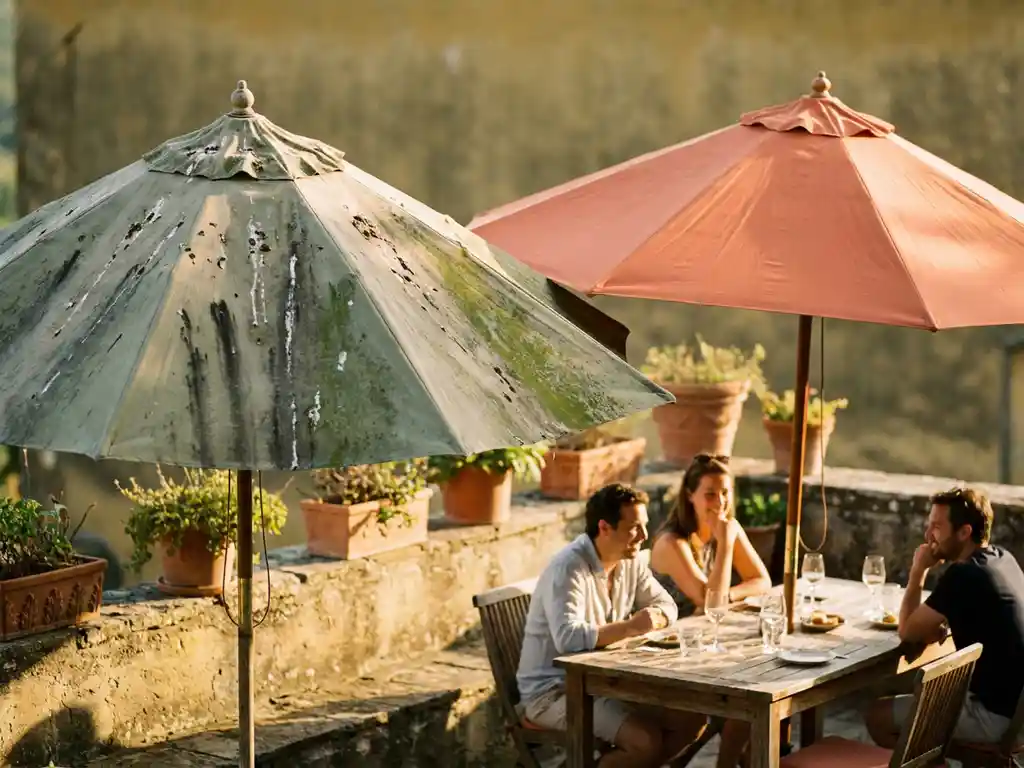 Terrasparasol met vuile vlekken, vogelpoep en groene algen naast een schone, kleurrijke parasol boven een gedekte tafel met gasten.