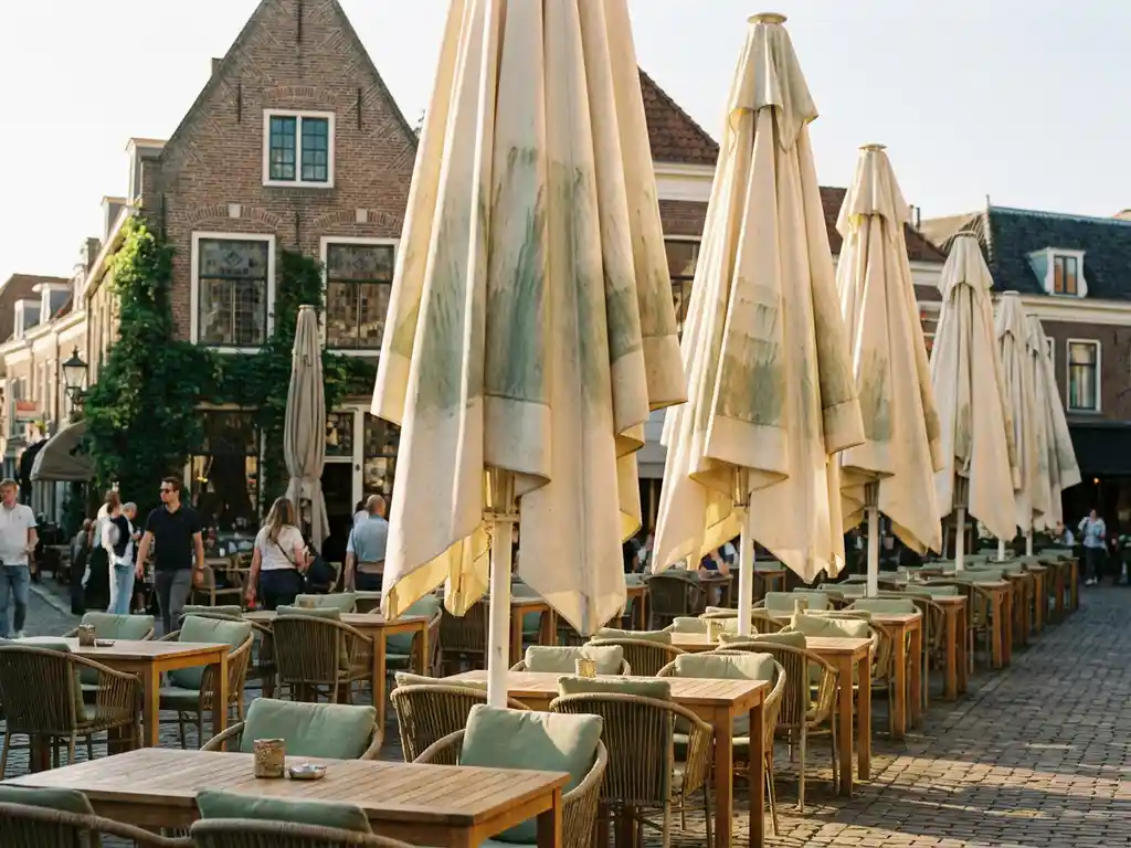 Terrasparasols in crèmewit op een zonnig Nederlands restaurantterras, met kasseien en traditionele bakstenen gevel op de achtergrond.