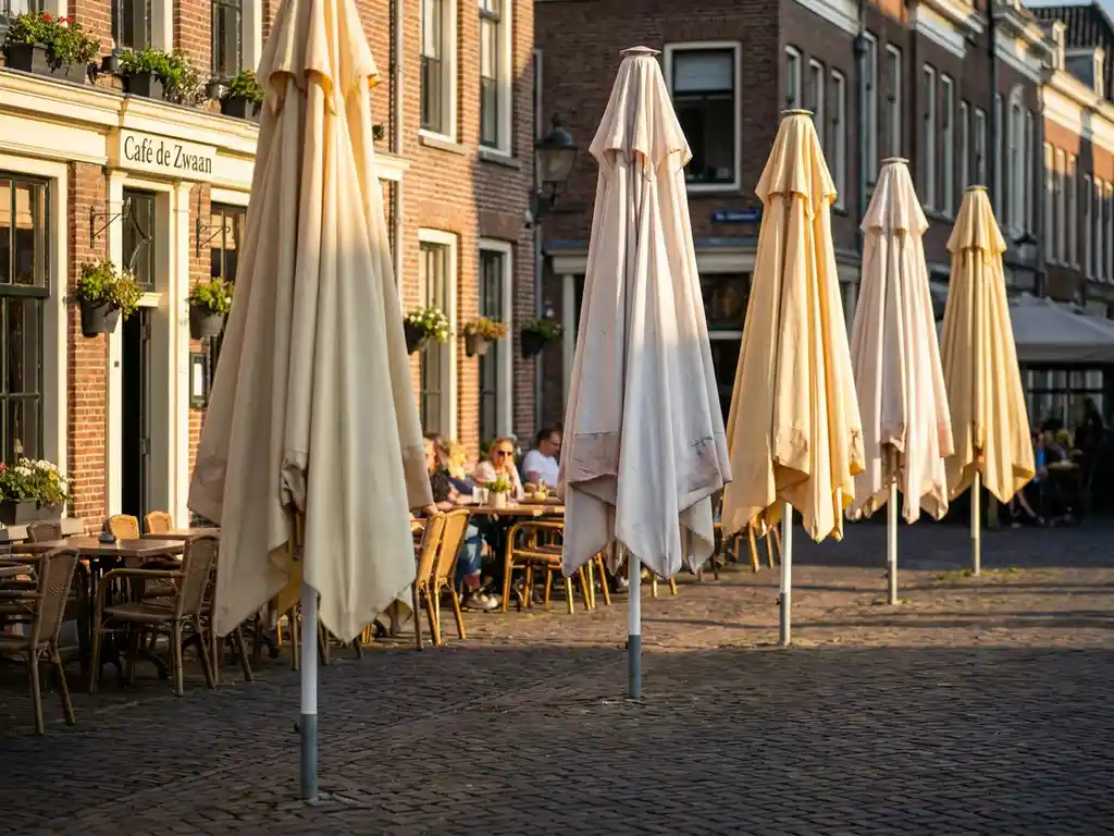 Vijf crème parasols op een zonnig Nederlands terras bij een bakstenen café, met kinderkopjes en zachte middagschaduwen.