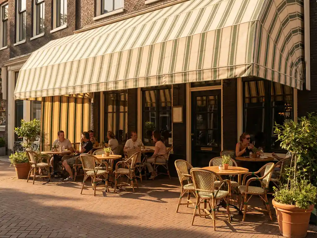 Uittrekbare luifel met crème en bosgroene strepen boven terras van Nederlands restaurant met stoelen en ronde tafeltjes.