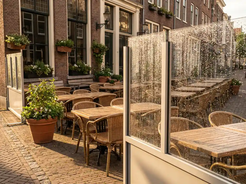 Schoon terras van een Nederlands restaurant met glinsterende transparante windschermen, natte druppels zichtbaar, stoelen en tafels op warm stenen terras.