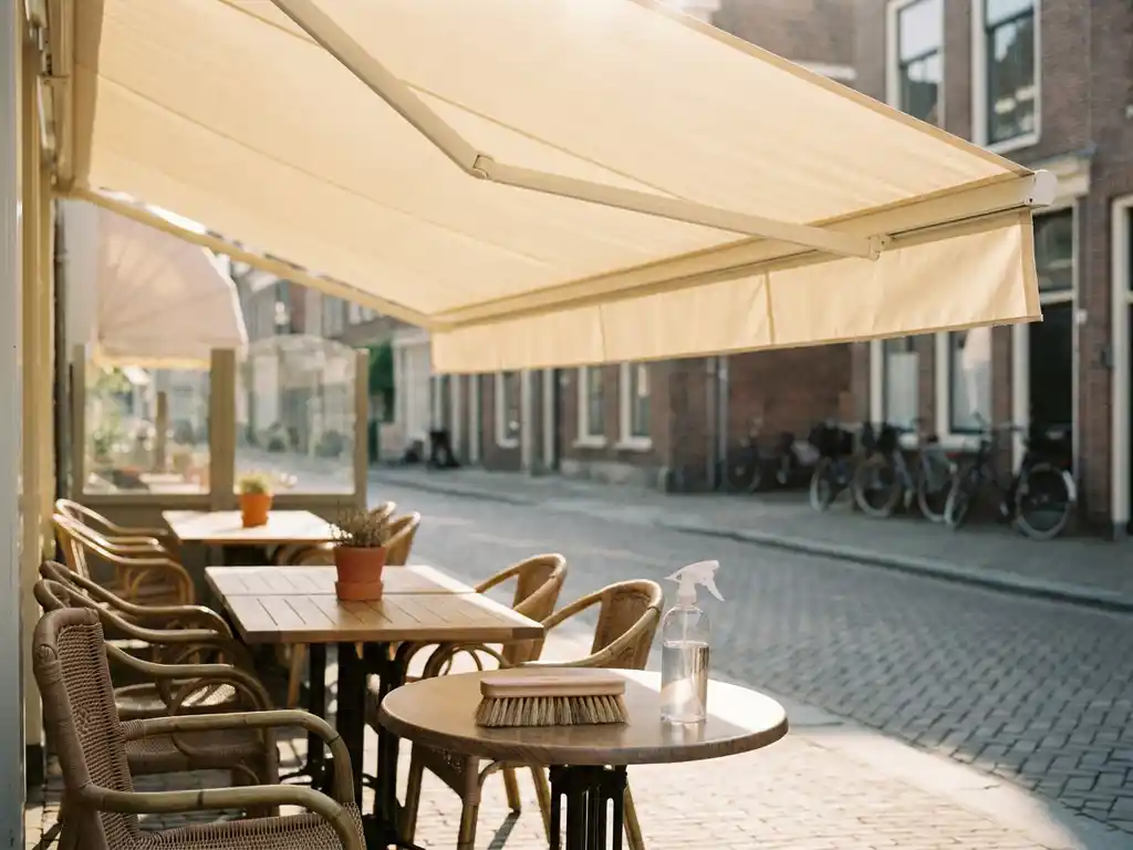 Zonnig terras van een Nederlands restaurant met cremekleurig oprolbaar zonnesail, schoonmaakborstel en spuitfles op tafel, kinderkopjes op de achtergrond.
