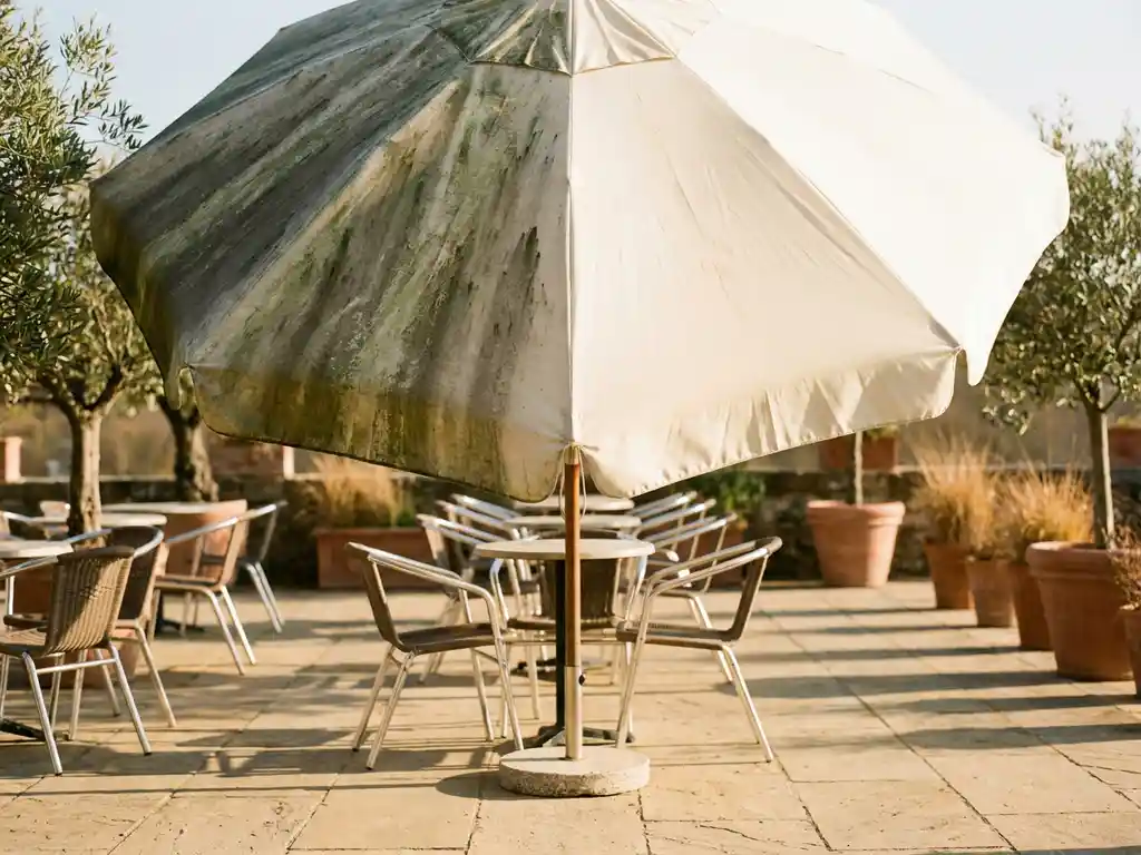 Tuinparasol half bedekt met groene algen en donkere vlekken, andere helft schoongemaakt en stralend wit, op een zonnig terras met caféstoelen.