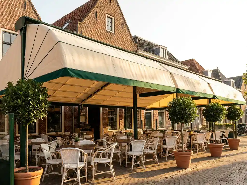 Uitschuifbaar zonnescherm boven terras van Nederlands restaurant met witte bistrostoelen, houten tafels en bakstenen gevel in middagzon.