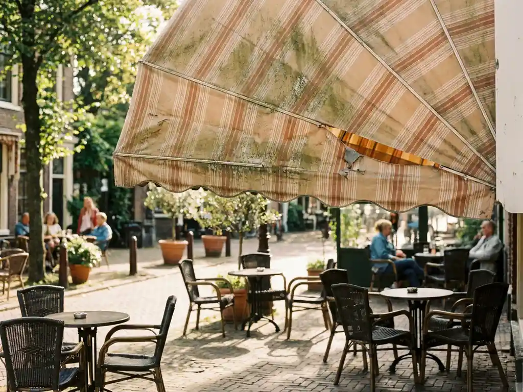 Vervaagd gestreept terrasscherm boven een Nederlands restaurantterras met bistrostoelen en -tafels op een klinkerpad in middagzon.