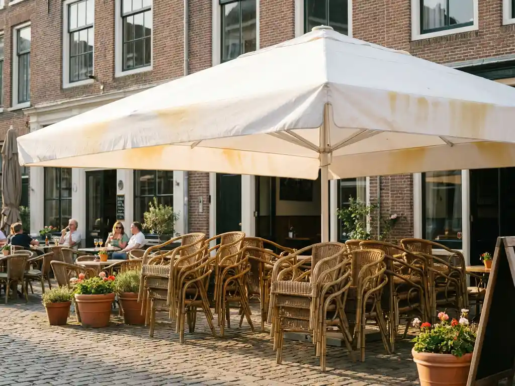 Wit horecaparasol op zonnig Nederlands restaurantterras met bistrostoelen, kasseienbestrating en warme middagschaduwen.