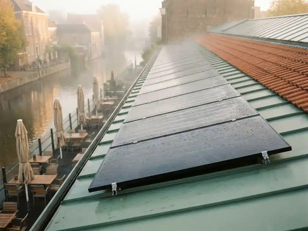 Zonnepanelen op commercieel dak bij Nederlands kanalrestaurant met terras, parasols en gouden ochtendlicht.