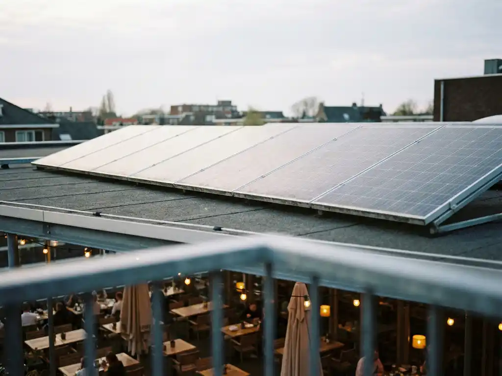 Licht bestoven zonnepanelen op het platte dak van een Nederlands restaurant, met terrasmeubelen zichtbaar op de achtergrond.