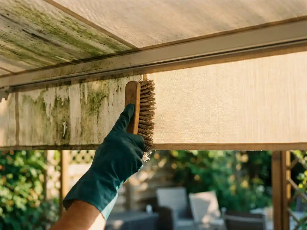 Professionele reiniging van een zonnescherm, half bedekt met groene algen en vlekken, half schoongemaakt door een medewerker met borstel.
