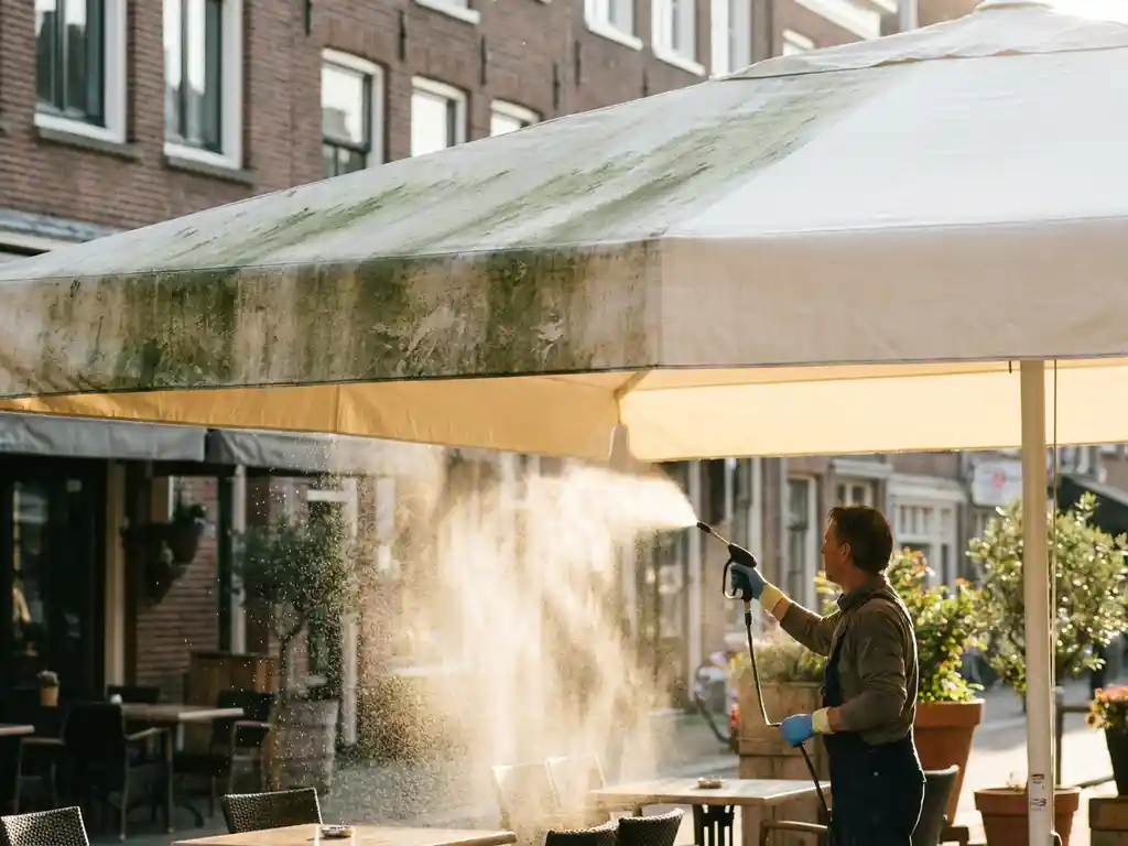 Professionele reiniger behandelt crème-kleurig terrasscherm met impregneerspray, helft zichtbaar schoon na verwijdering van groene algenвлек.

Wait, let me redo this properly in Dutch without mixing languages.

Professionele reiniger impregneer een groot crème terrasscherm op zonnig terras, één helft schoon en één helft zichtbaar vervuild met groene algen.