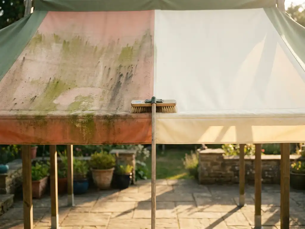Tuinluifel half bedekt met groene algen en vlekken, andere helft schoongemaakt, met professionele reinigingsborstel op het doek.