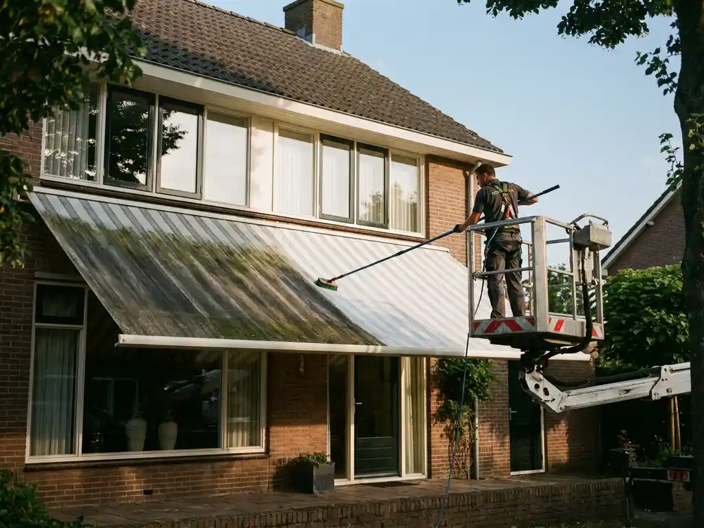 Zonneluifel half groen aangeslagen en vuil, half stralend wit gereinigd, terwijl een vakman met langstelige borstel het doek behandelt.
