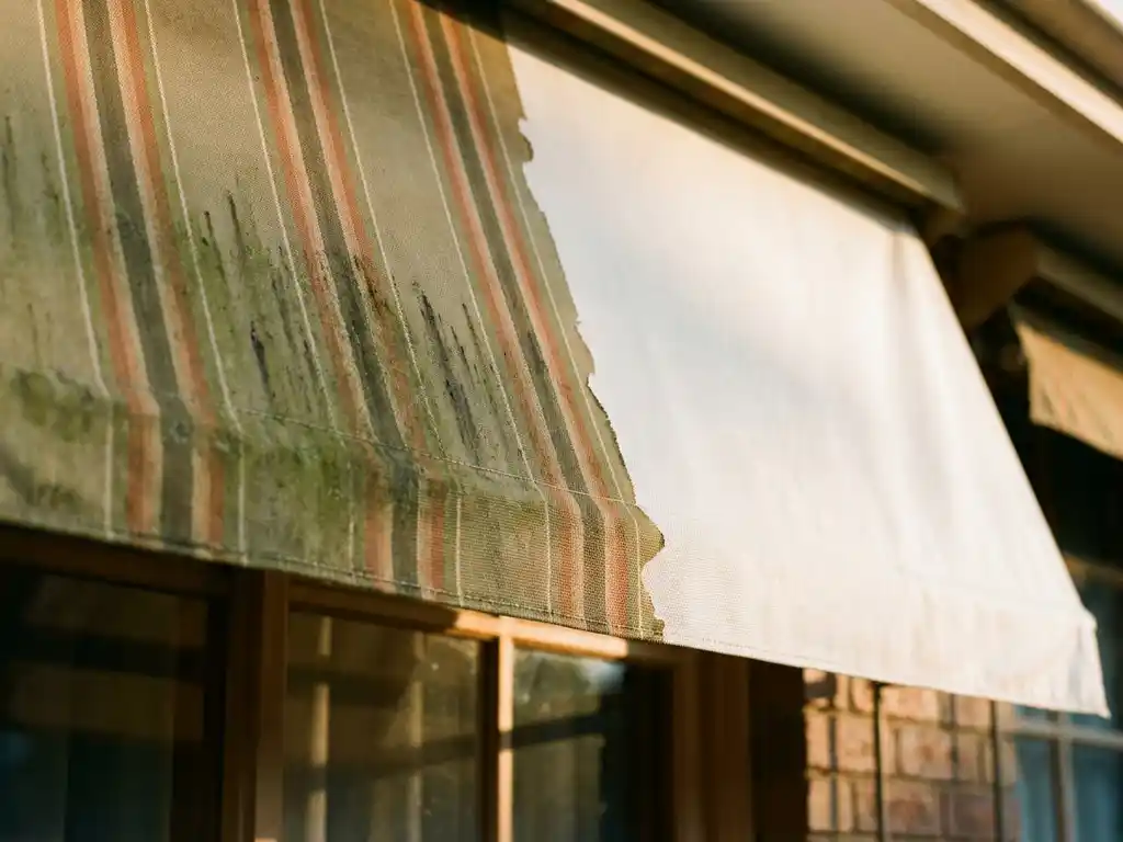 Zonnescherm op woning half bedekt met groene algen en donkere strepen, andere helft schoon en helder in middagzon.