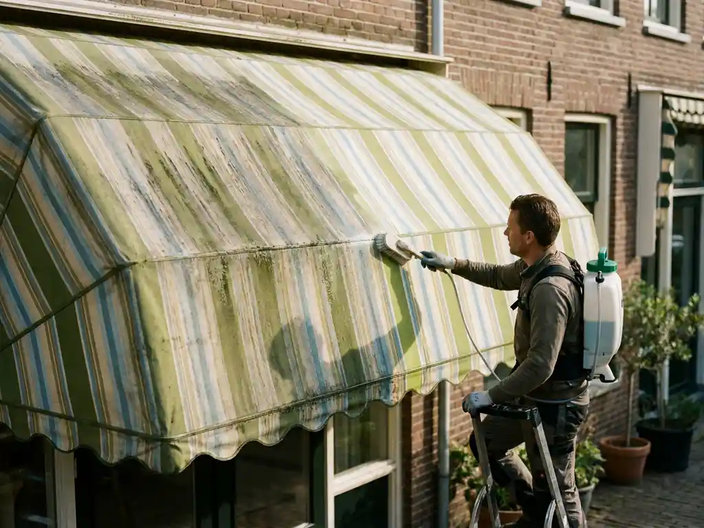 Professionele reiniger behandelt verkleurde terrasluifel met algenstrepen, helft schoon en helder, helft vuil, zachte borstel in gebruik.