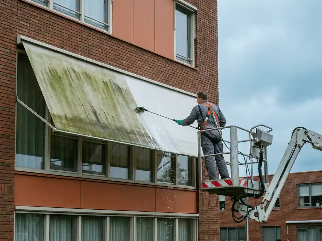 Professionele reiniger op hoogwerker die een zonnescherm schoonmaakt, half groen van algen, half stralend wit, aan een moderne Nederlandse gevel.