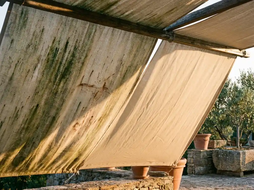 Verweerde terrasluifel half bedekt met groene algen en vlekken, half hersteld naar schone beige stof in warm middagzonlicht.