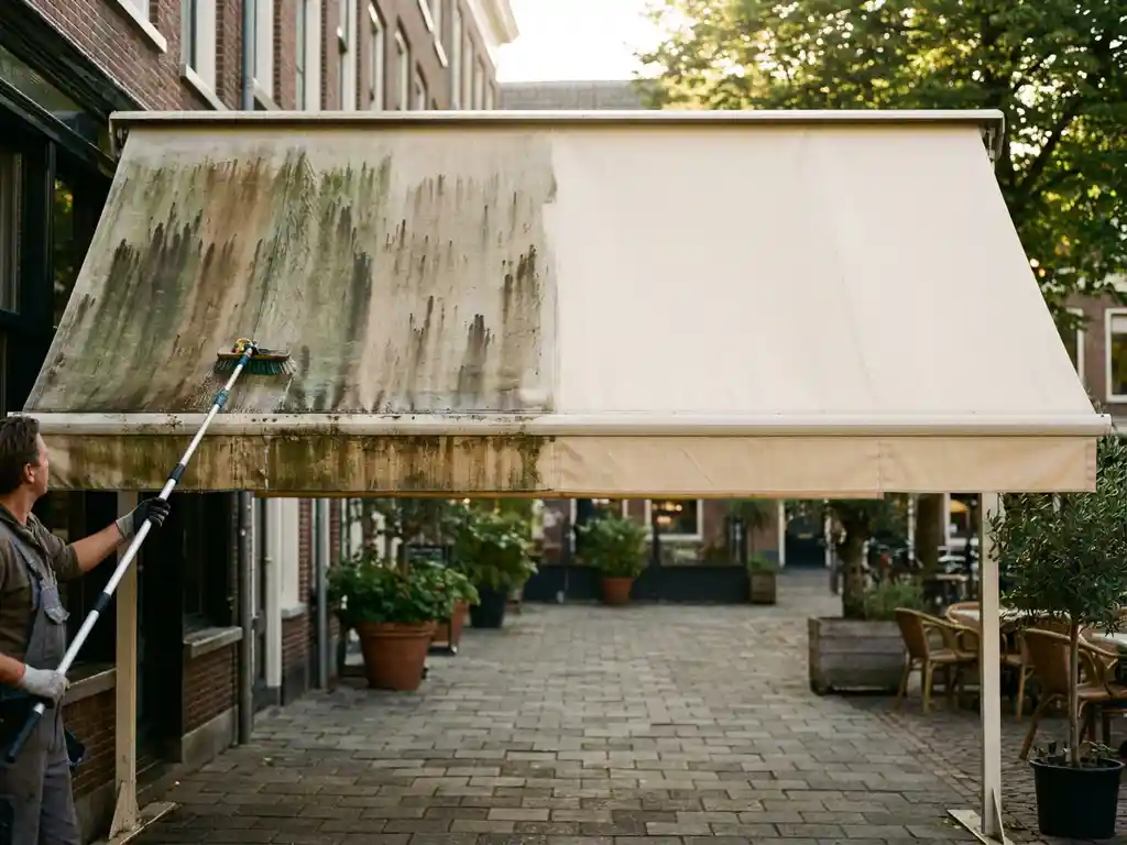 Terrasscherm half gereinigd: linkerzijde met groene algenstrepen, rechterzijde stralend crèmewit, technicus aan het werk met langstelige borstel.