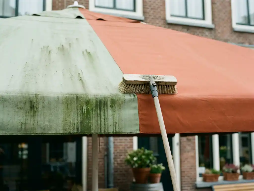 Terrasscherm half gereinigd: links groene algen en stof, rechts frisse terracottakleur, professionele reinigingsborstel op het doek.