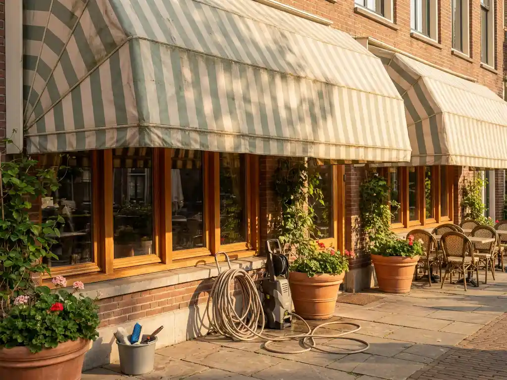 Gestreepte canvas luifel van een Nederlands restaurantterras met lichte verwering, professionele reinigingsapparatuur en bistrostoelen op zonnig patio.