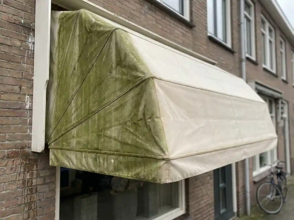 Zonnescherm op Nederlandse gevel, half bedekt met groene algen en mos, half gereinigd en teruggebracht naar originele crèmekleurige stof.